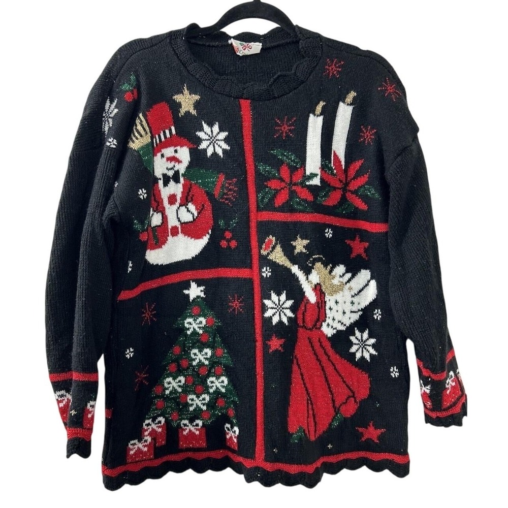 Nutcracker Lurex Knit Christmas‎ Sweater S Black Angel Snowman Vintage Holiday
